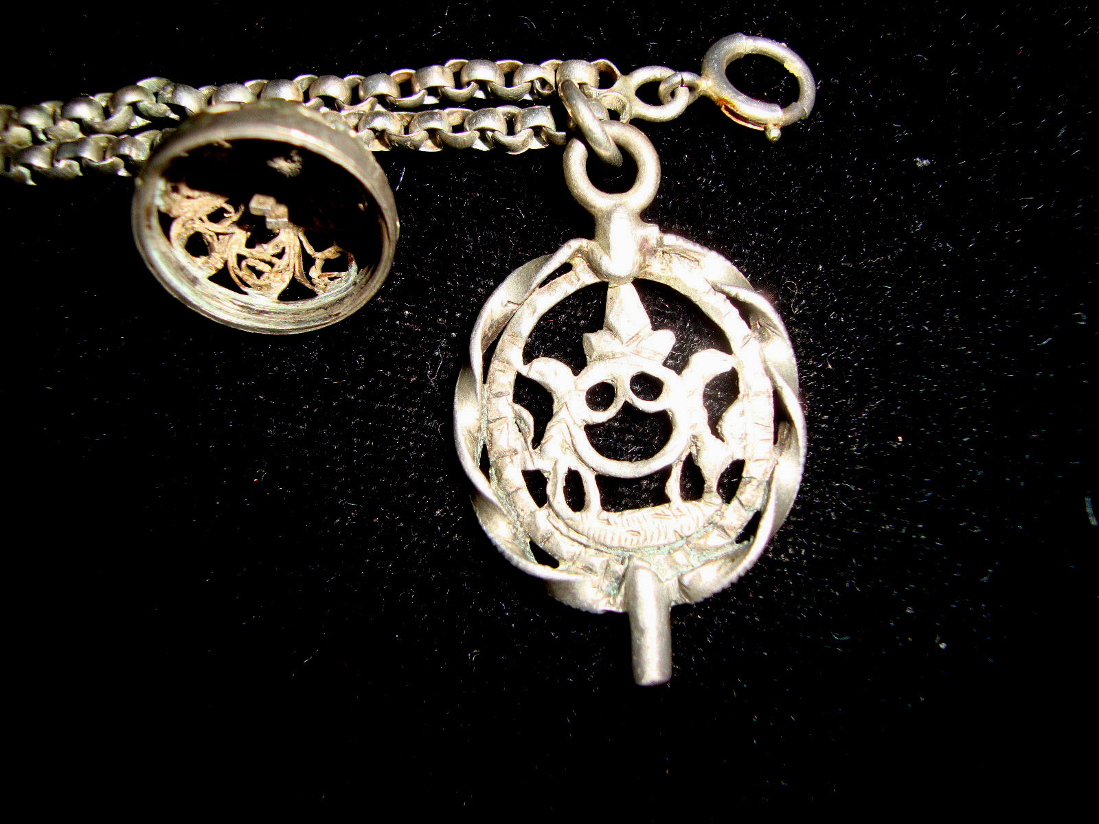 Sterling Silver Etruscan Bali Filigree Fob Charm Rolo Link Double Chain Bracelet