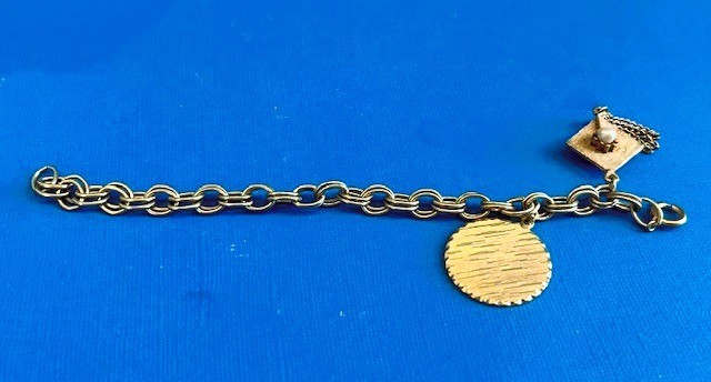 Vintage Starter Charm GraduationBracelet, Gold Tone Links Bangle with 2 Charms