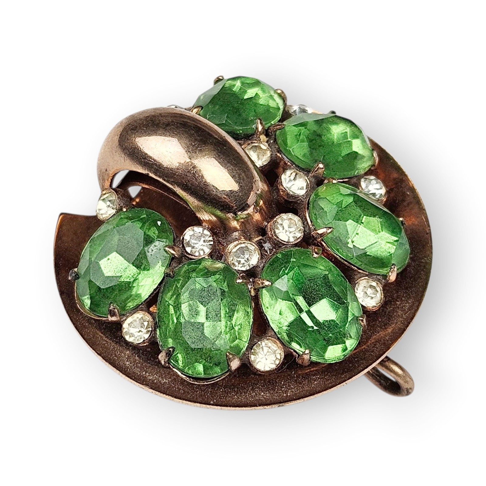 Vintage Green Rhinestone Brooch Rose Gold Plate Lee-Rose Watch Holder Chatelaine