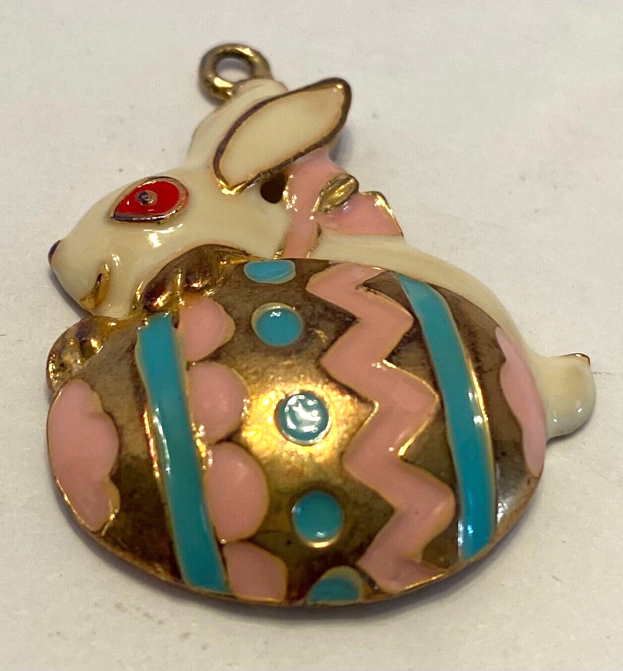 Vintage Gold Tone/Enamel Blue/Pink/Ivory/Red Bunny/Easter Egg 1.5 Inch Pendant