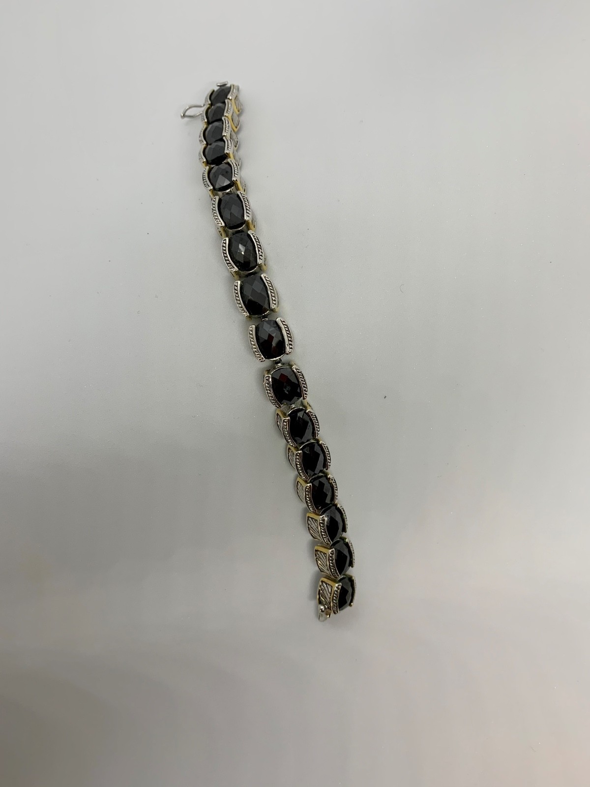 Vintage 90s Silver Tone Black Glass Square Link Bracelet Boho Fashion Jewelry