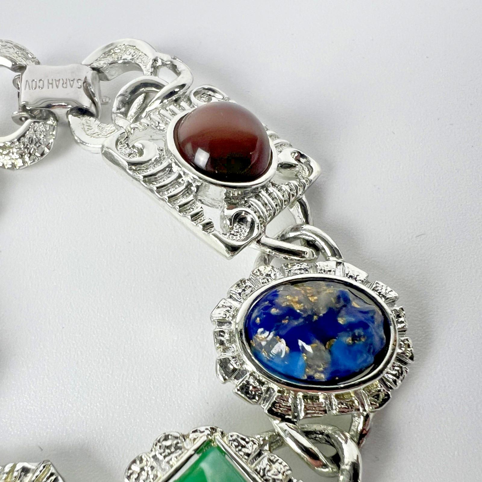 Sarah Coventry Multi Stone Bracelet Silver Tone Faux Pearl Cabochon Vintage