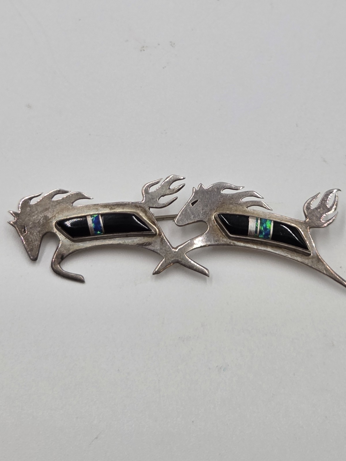 Navajo Double Horse Running Brooch Sterling Marked V