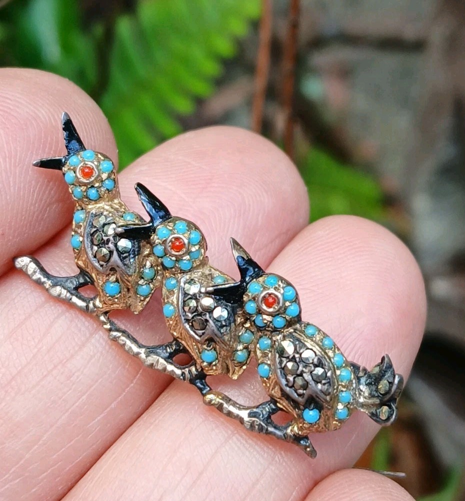 Nice Sterling Silver Enamel Marcasite 3 Birds Branch Brooch/Pin Germany US Zone