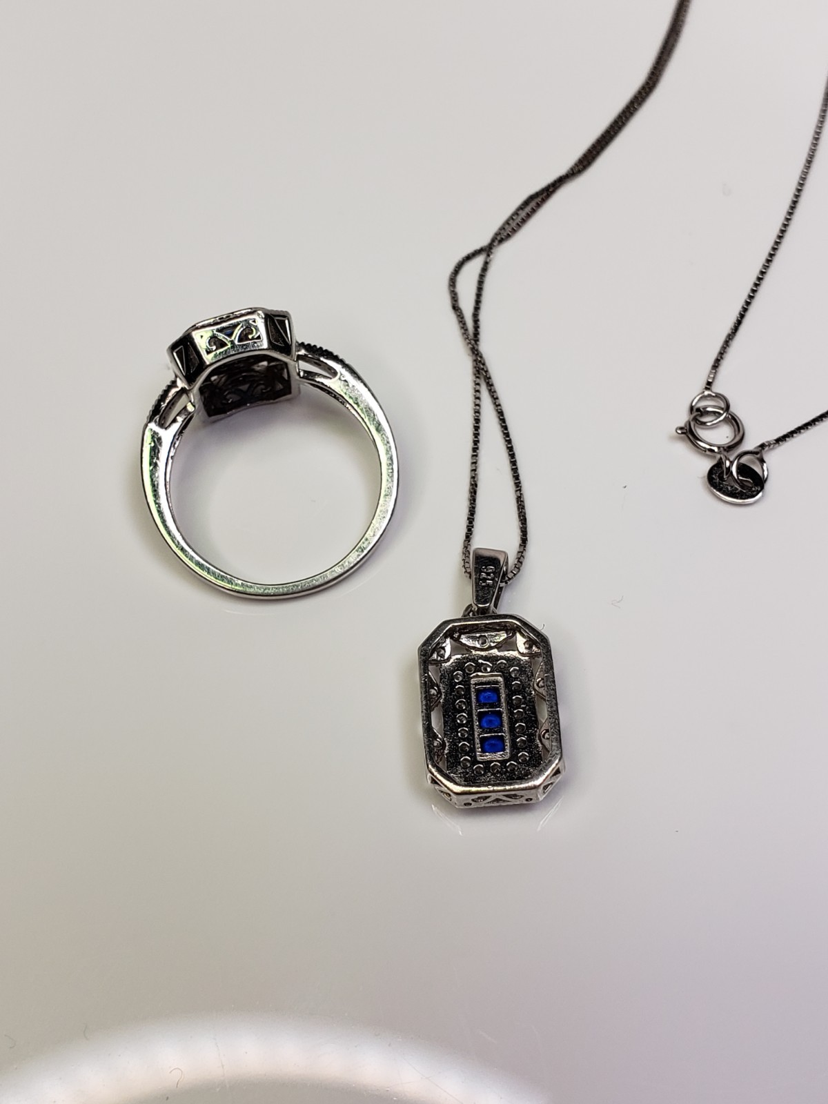 Art Deco Style Sterling 925 Blue Sapphire Lab Diamond Pendant Ring Set Size 7.75