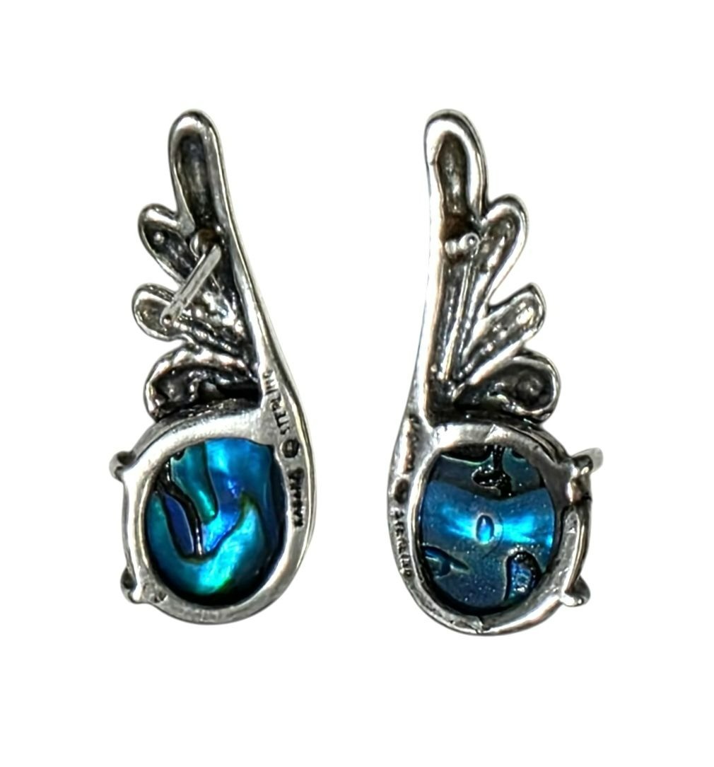 Vintage Kabana Sterling Silver Earrings Blue Abalone Shell Wing Curl Leaf 925