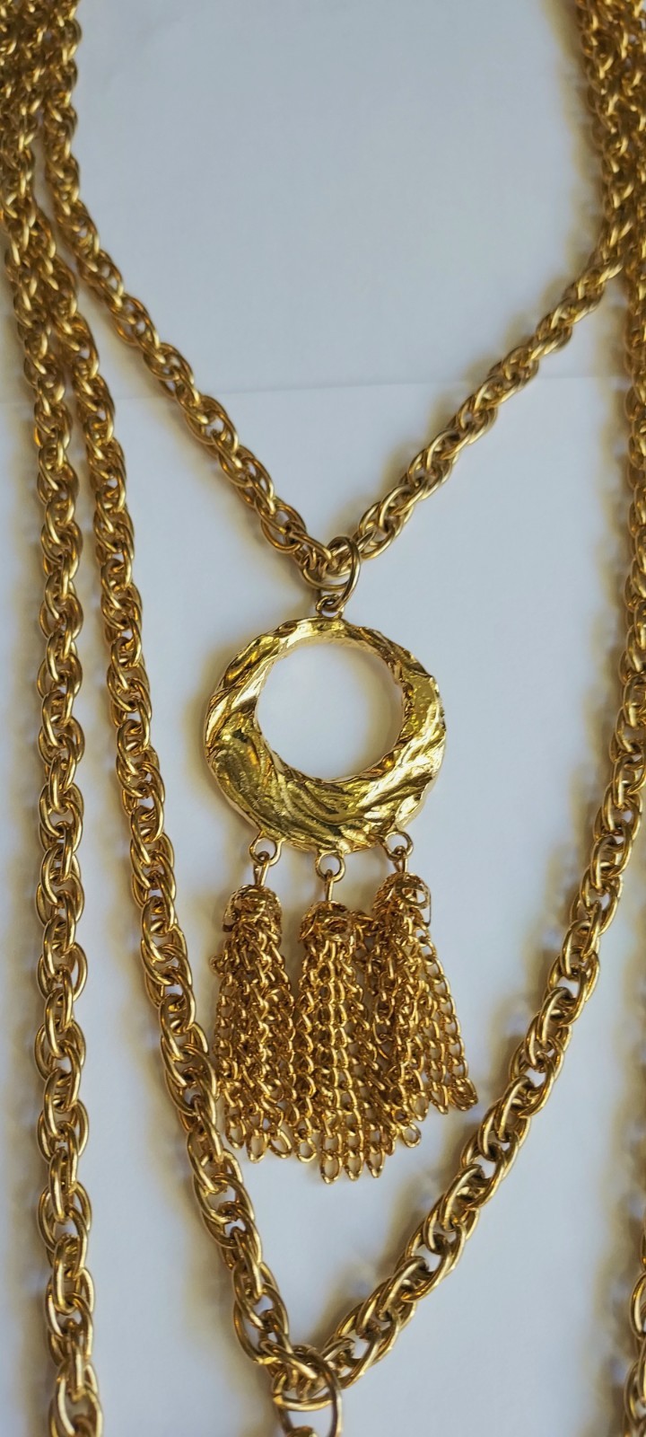 Vintage Multi Strand Festoon Tassel Necklace Circle Pendant Gold Tone Statement