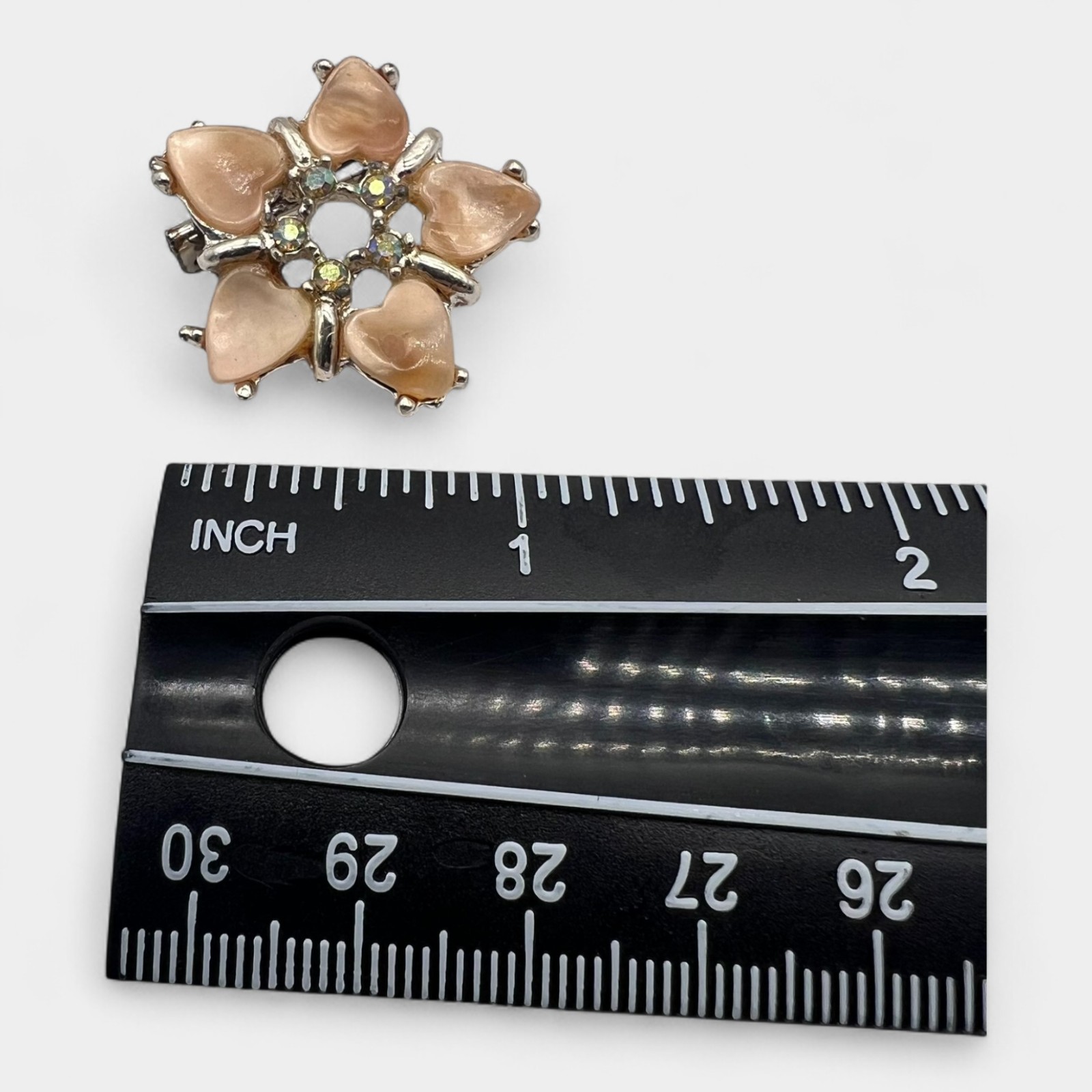 Vintage Gold Tone Brooch Pin. Hearts and AB Rhinestones