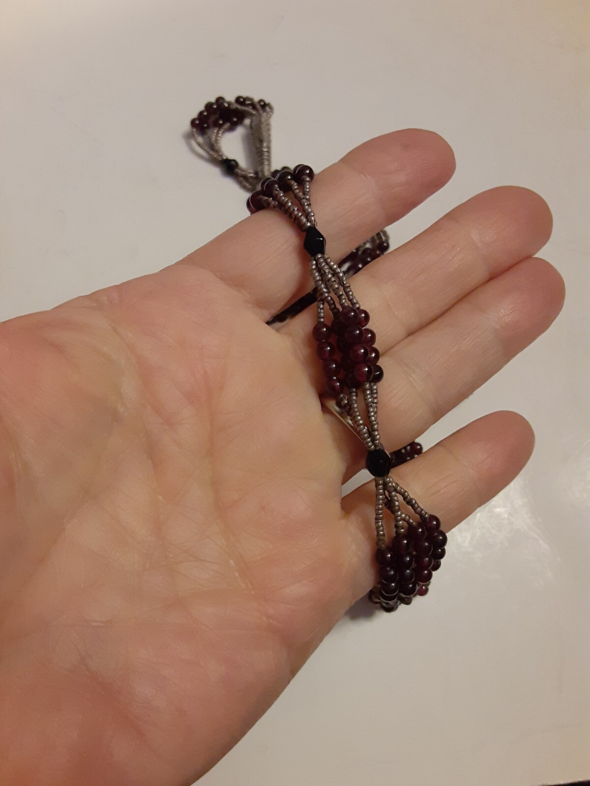 Vtg Artisan GARNET GLASS & Micro beaded Silver Hook Clasp Necklace