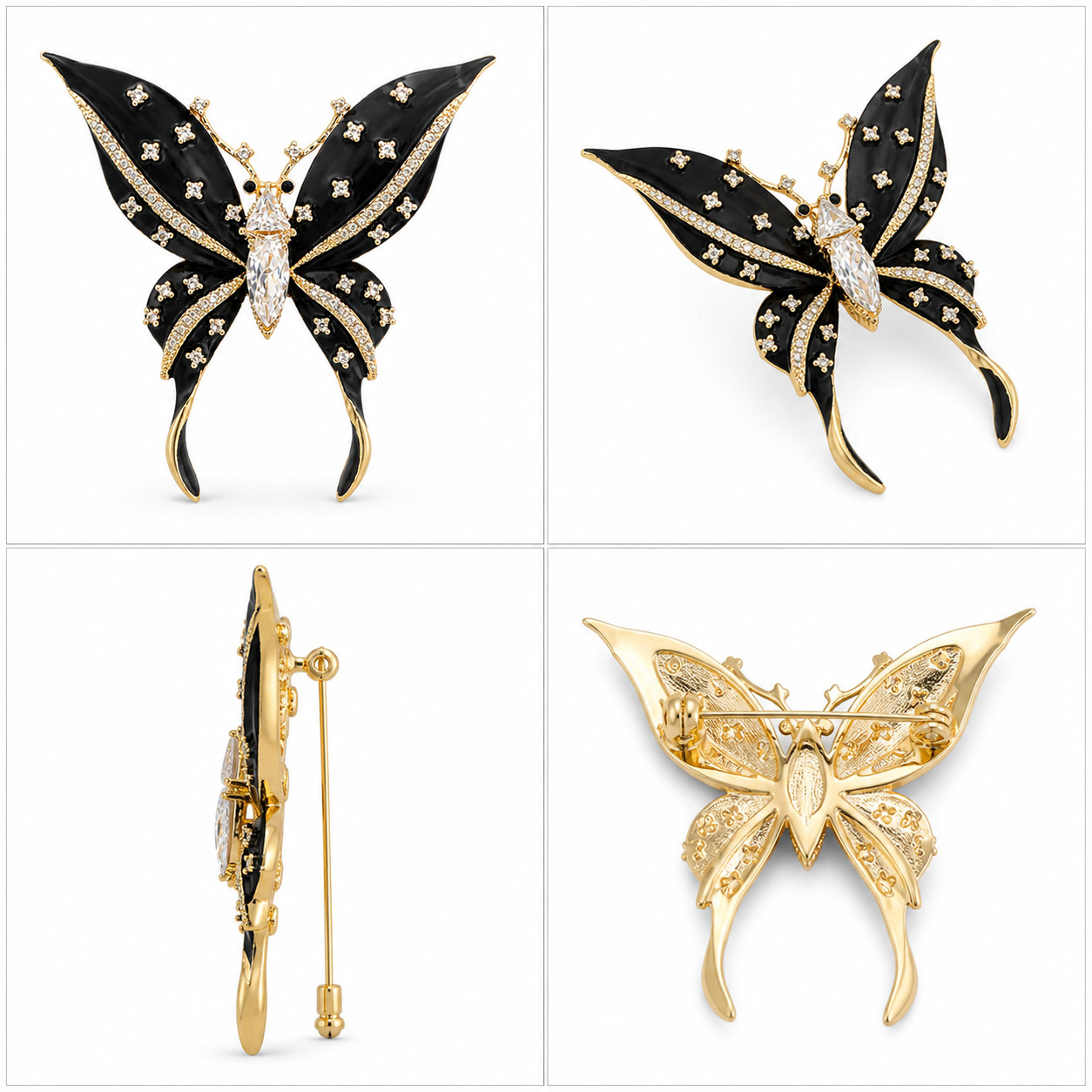 Black Enamel Butterfly Brooch Gold Tone Rhinestone Crystal Pin Vintage-Inspired