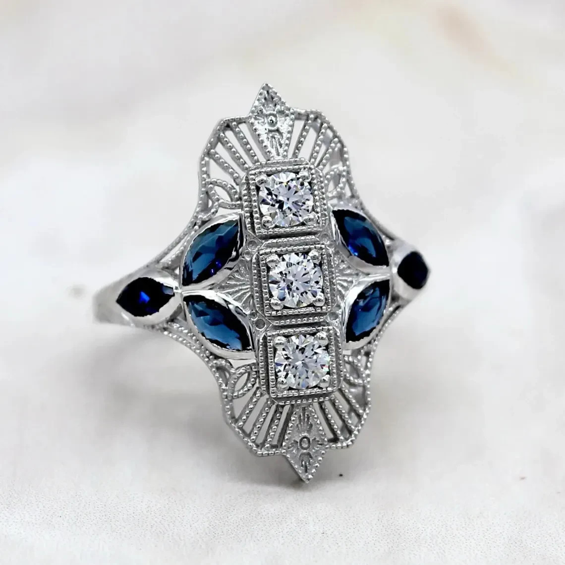 Edwardian 0.35CT Round Cut Three Stone Moissanite & Sapphire Dinner Wedding Ring