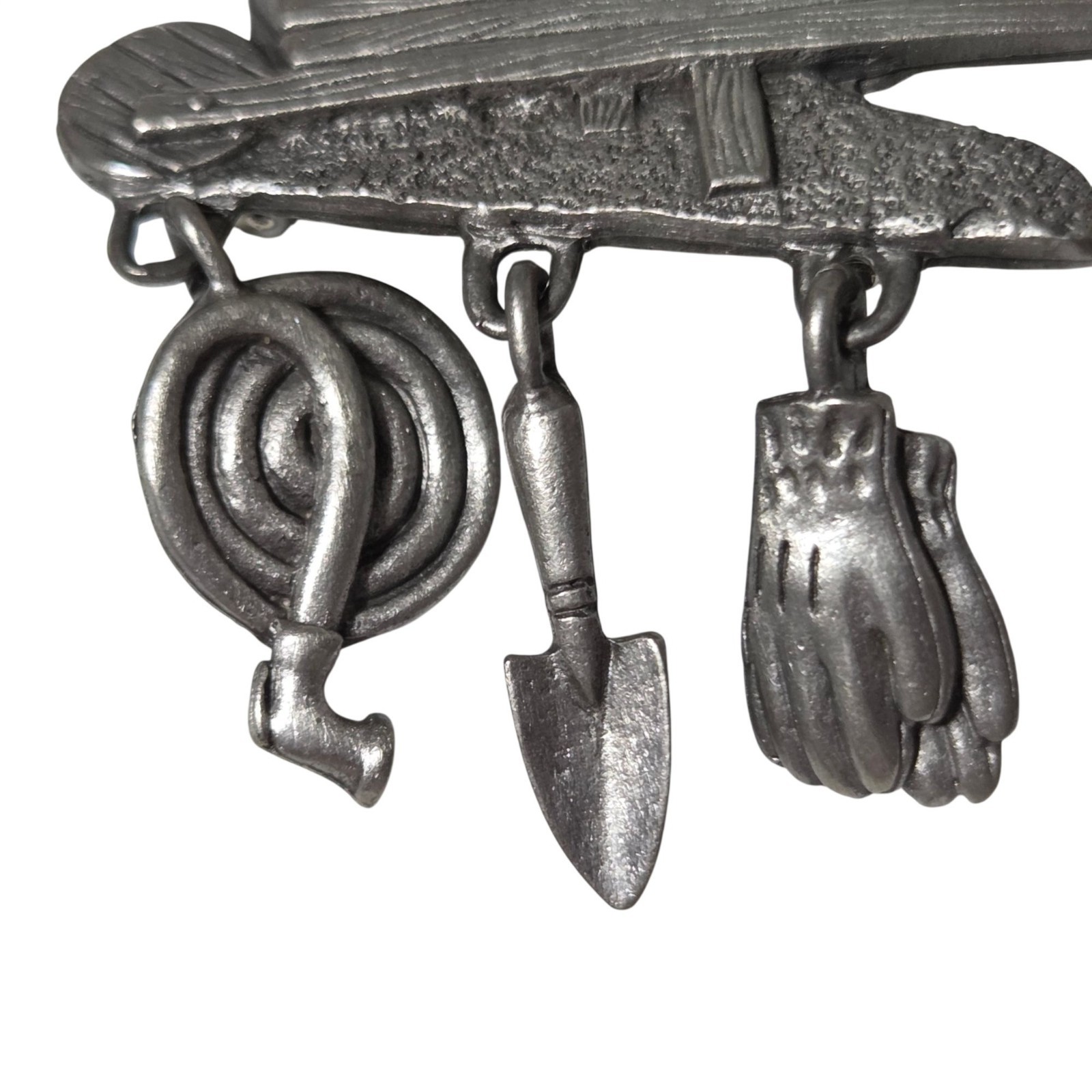 Vintage Pewter Garden Tools Brooch Shovel Hose Gloves Wheelbarrow Design USA