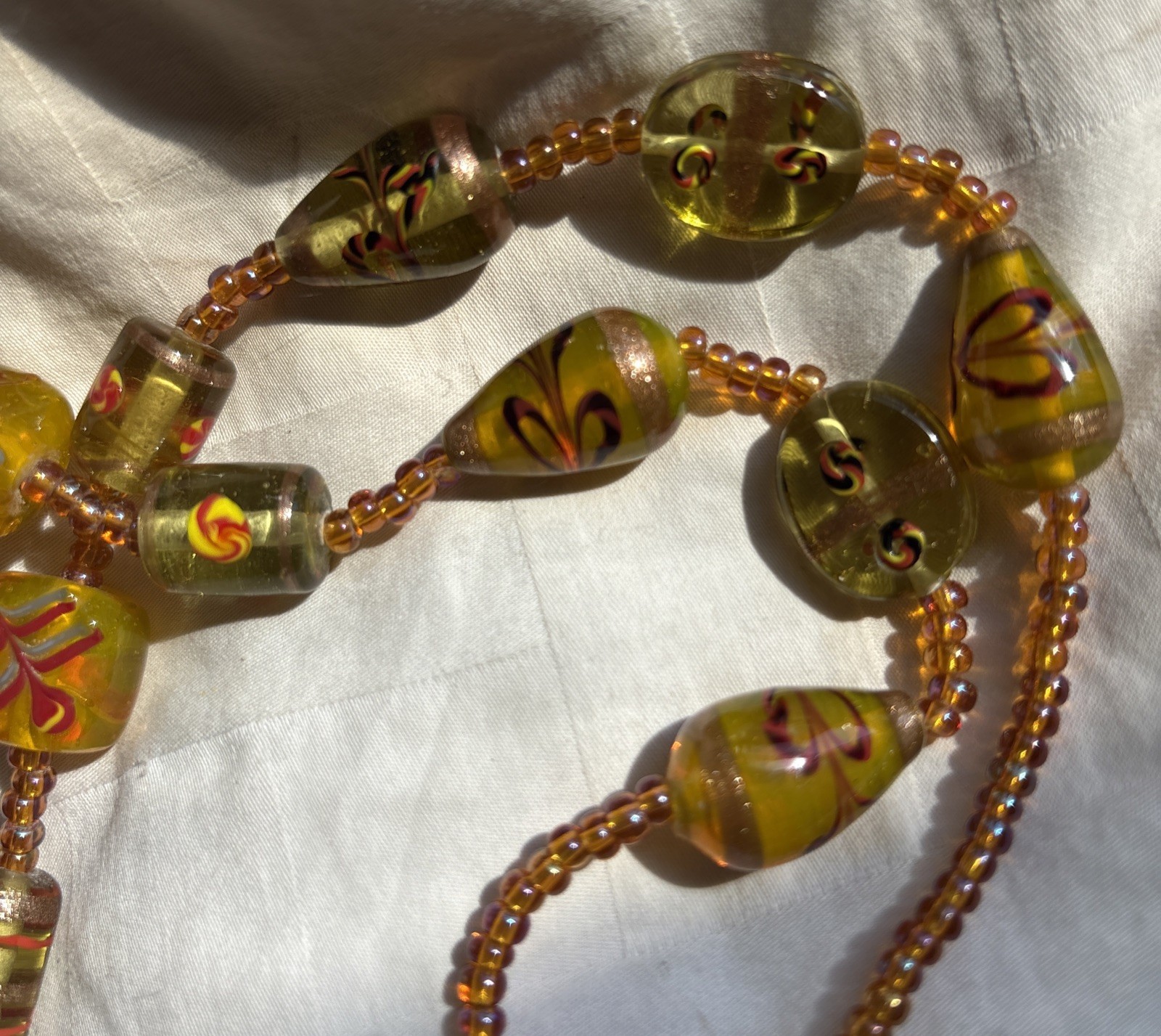 Vintage Hand Blown Glass Beaded Necklace 24”Iridescent Yellow Gold Black Red MCM