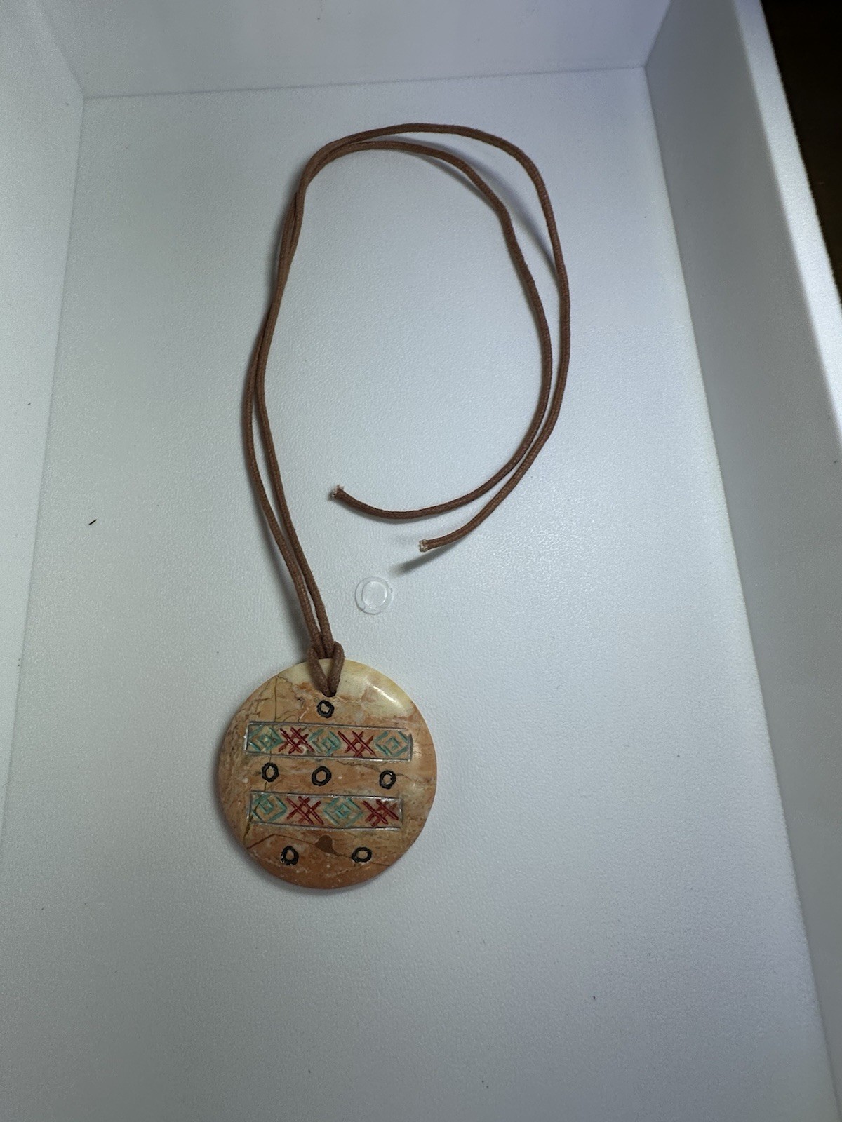 New Brown/Tan Natural Stone Pendant Hand Carved Painted On Leather Cord 26”