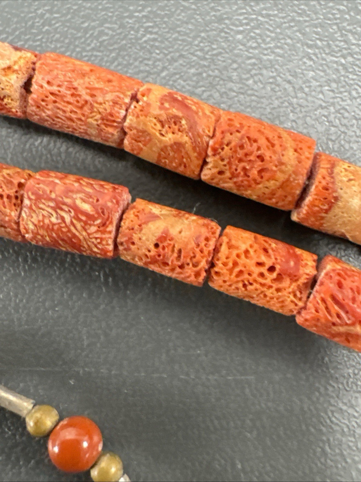 Vintage Natural Red Coral Red / Orange Hue Barrel Shape Gold Spacers 30”Necklace
