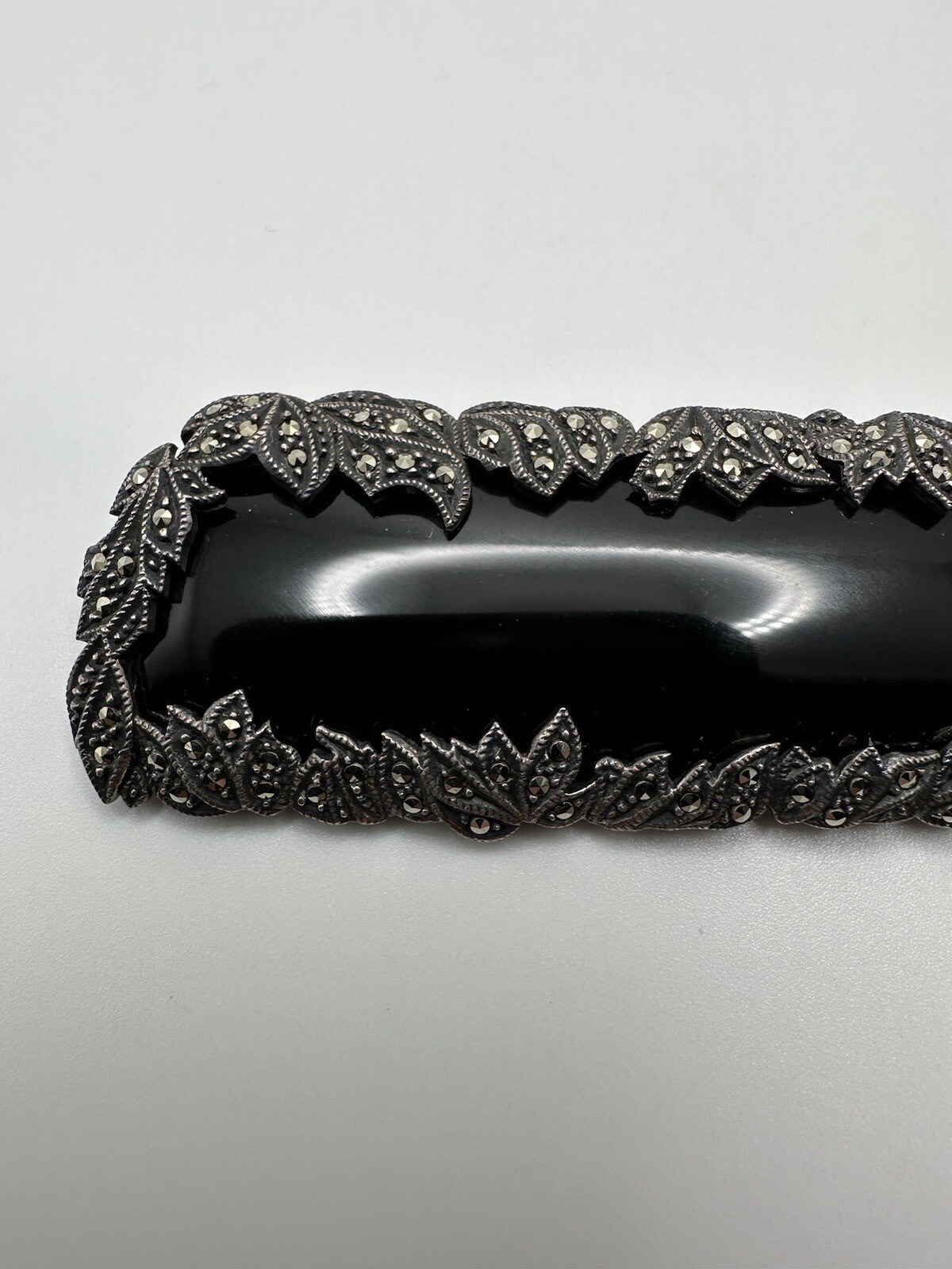 Huge Vintage Sterling Silver Onyx Marcasite Laurel Leaf Brooch 7.5cm BB1