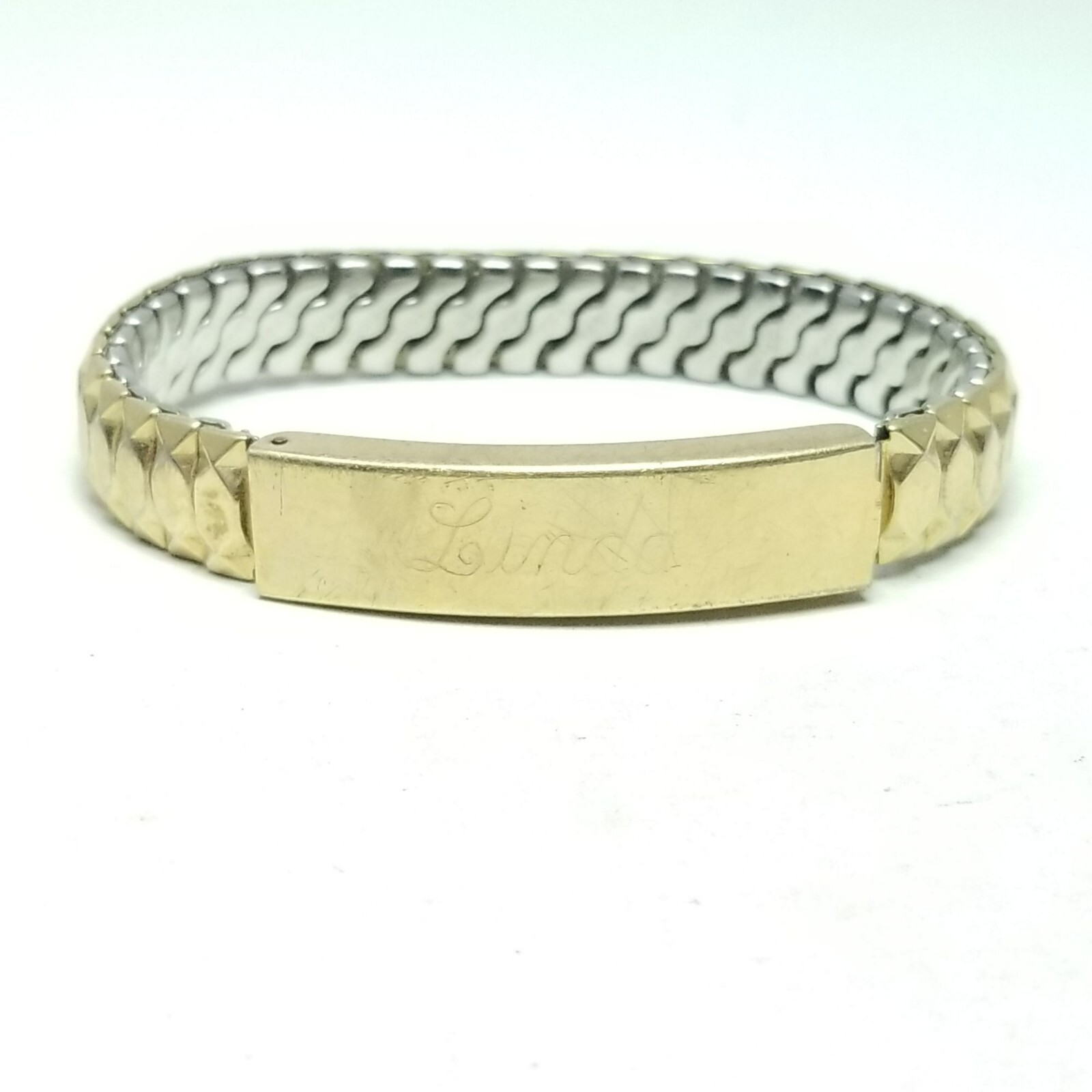 Vintage Engraved ID Bracelet, Linda Love Jim Gold Tone Stretch Band Bangle