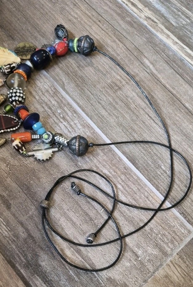 Vintage Eclectic Charm Bead Adjustable Length Leather Cord Necklace