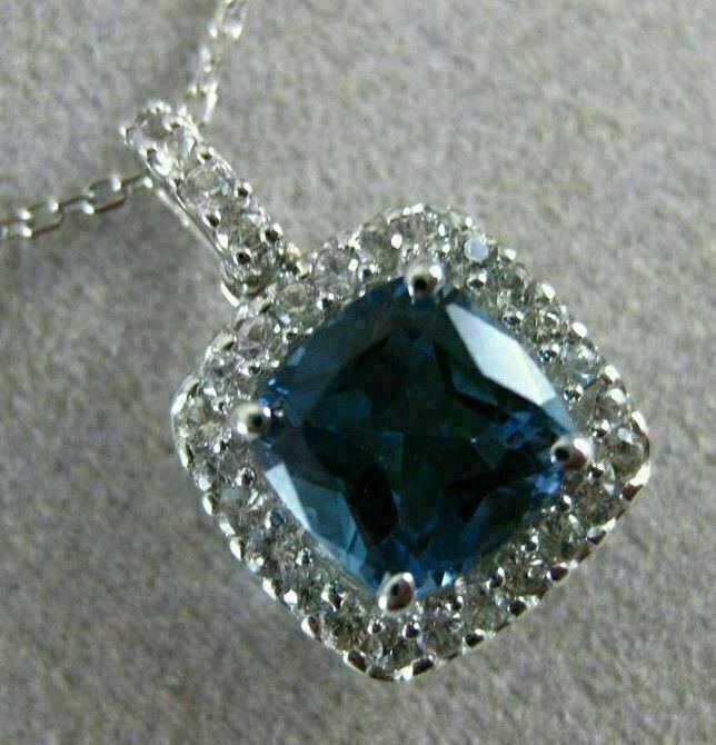 ESTATE 2.27CT AAA LONDON BLUE TOPAZ & WHITE SAPPHIRE 14K WHITE GOLD HALO PENDANT
