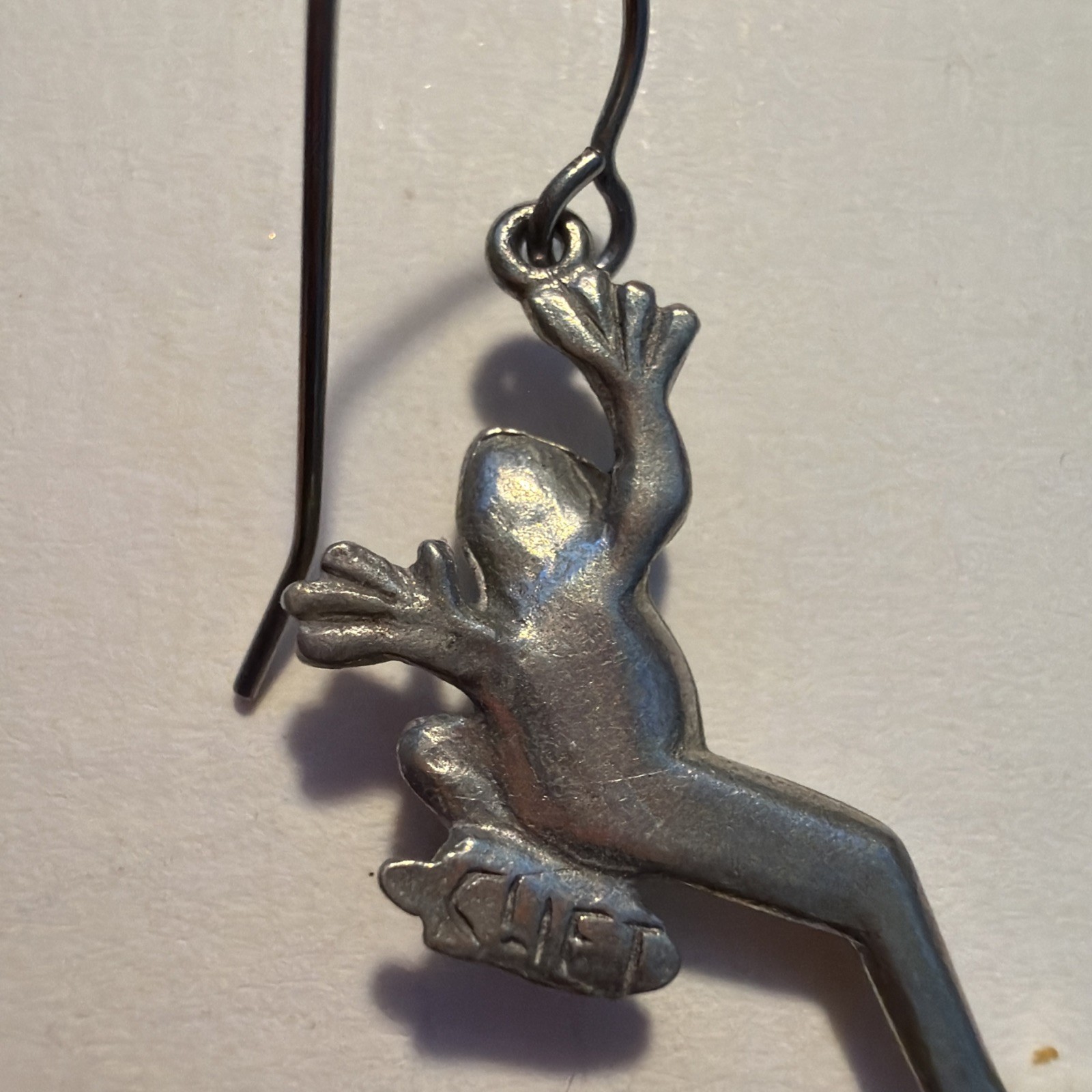 Jim Clift Pewter french Hook jumping tree frog drop dangle Pierced Earrings