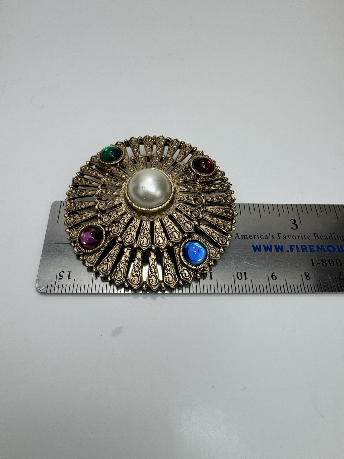 Vintage Gripoix Glass Cabochon Pearl Sunburst Brooch Gold Tone MCM