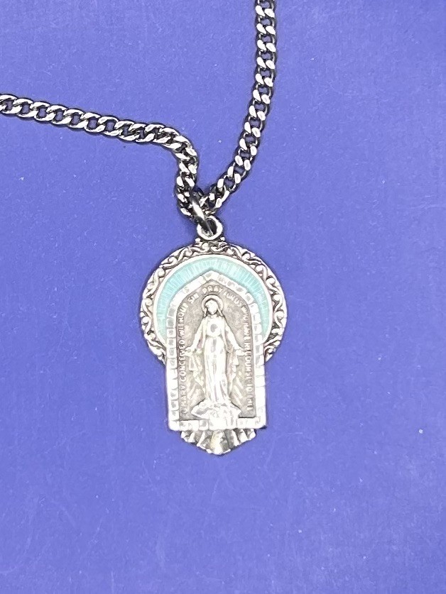 Antique Virgin Mary Pendant And Neck Chain. Sterling Silver with enameling.