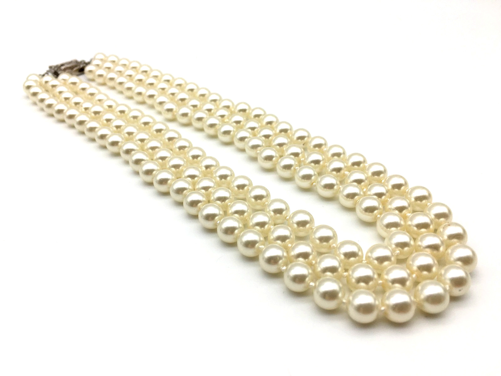 Vintage Cream Color Glass Pearls 3 Strand Hand Knot 15″ Necklace Pave Push Clasp