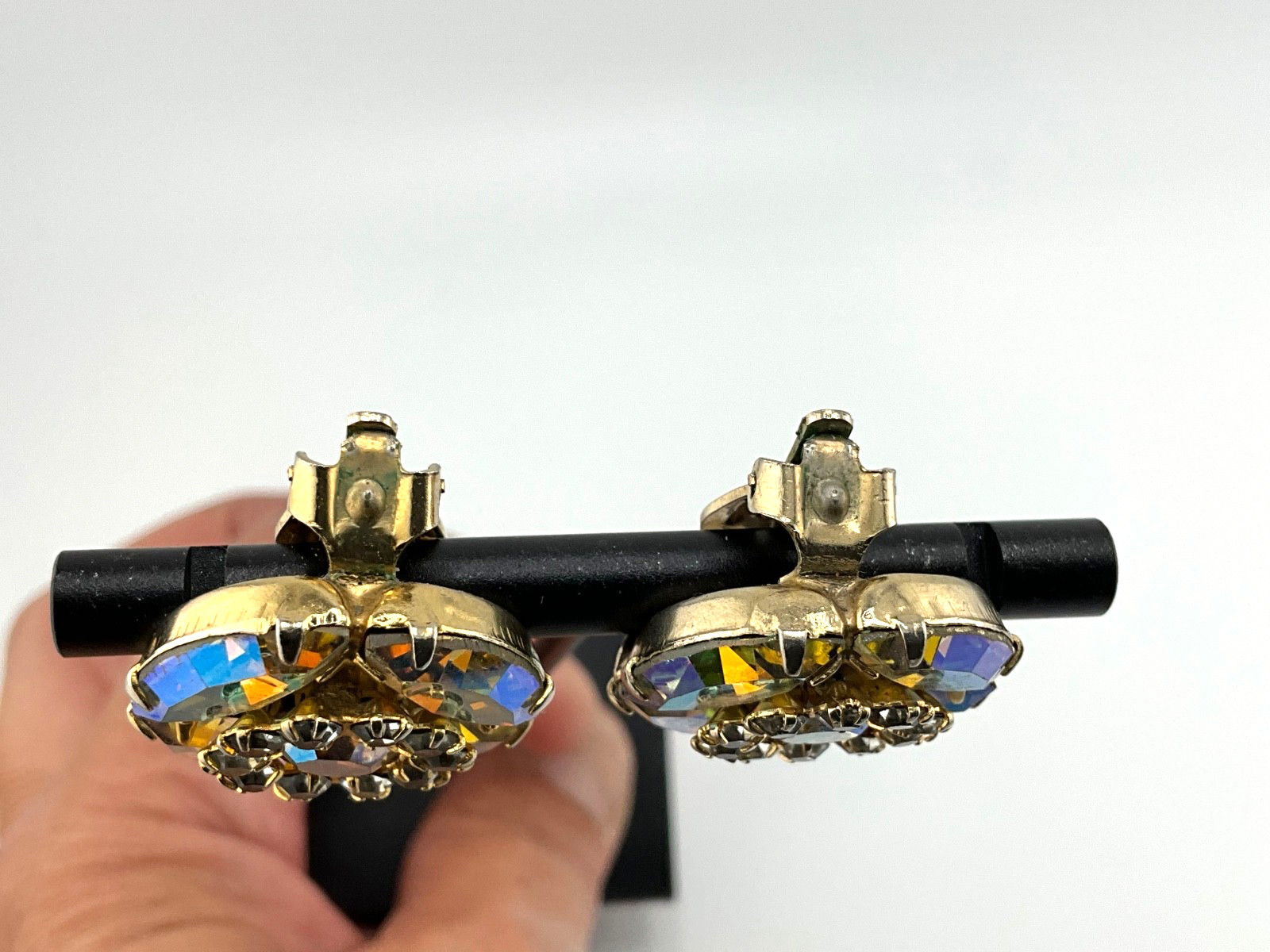 Vintage Aurora Borealis Crystal Earrings Mid Century Hollywood Regency Glam