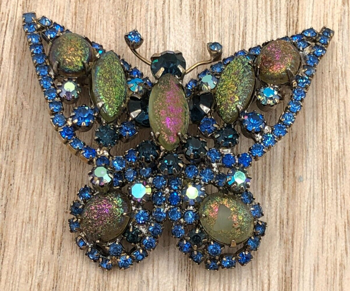 VTG Butterfly Brooch Blue & Glitter Rhinestones Estate ~AS IS~ Carnegie? Weiss??