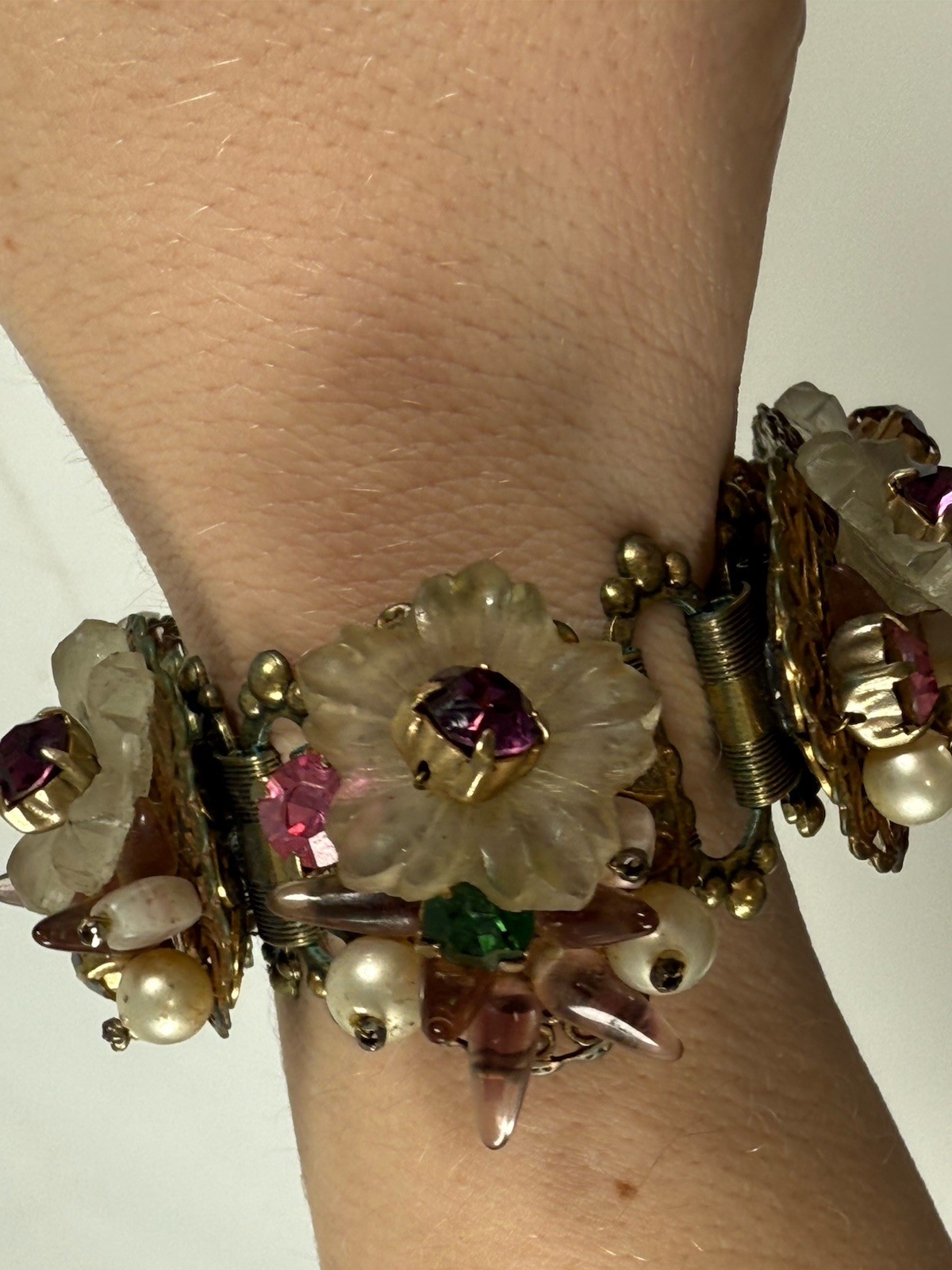 Antique Flower Glass Beaded Rhinestone Panel Bracelet 7″ Chunky 3D Book Chain