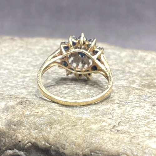 Vintage 14k Yellow Gold Sapphire & Diamond Cluster Halo Ladies Ring