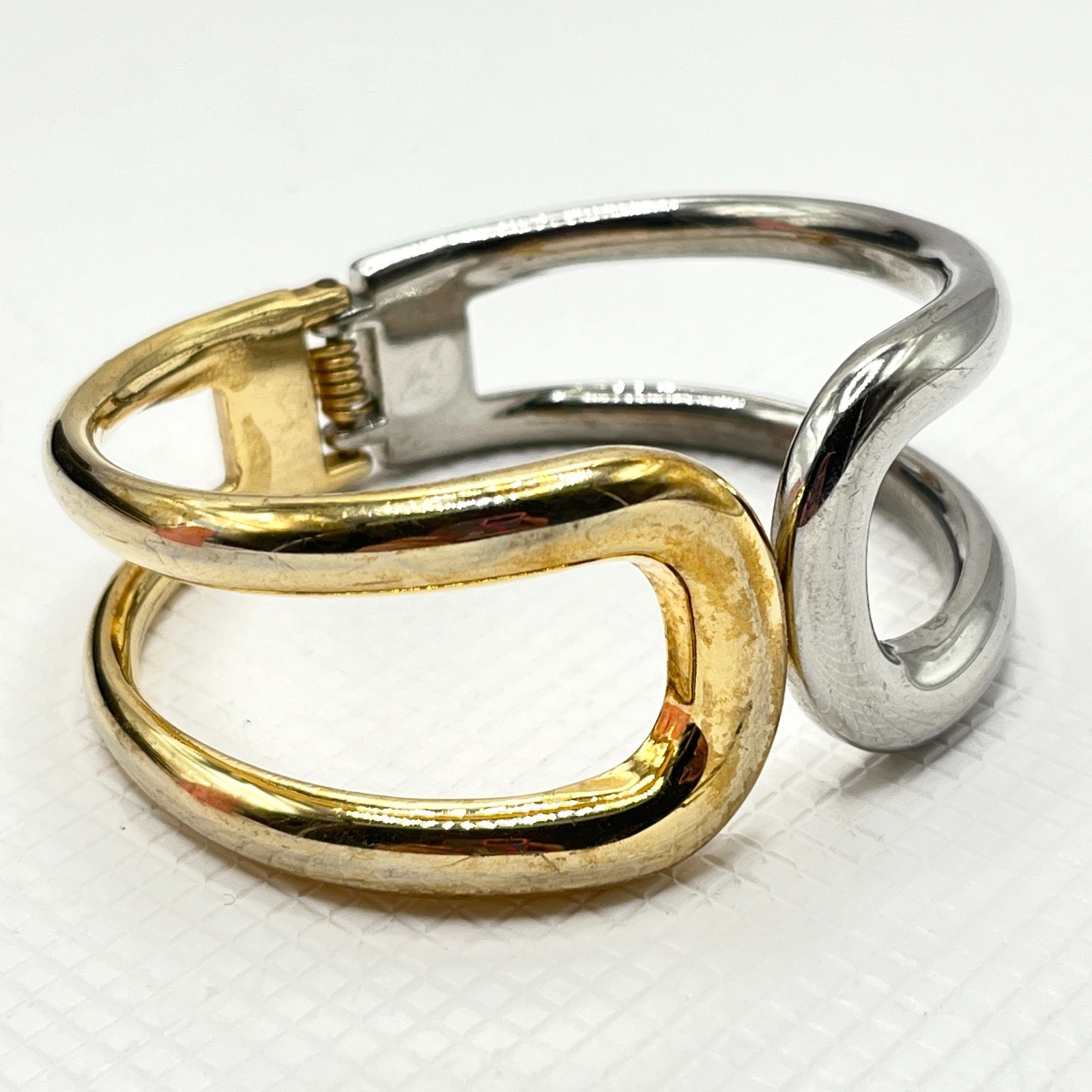 Mixed Silver & Gold Tone Metal Sculptural Bracelet w/ Open Work Hinged Bangle