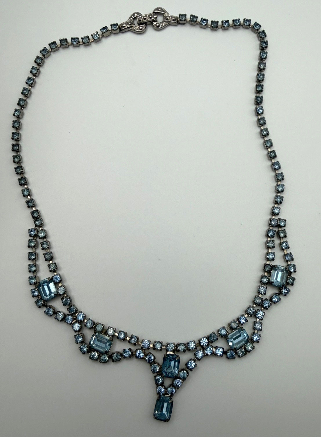 Vintage light blue rhinestone statement necklace in silver-tone setting – 16.5 “