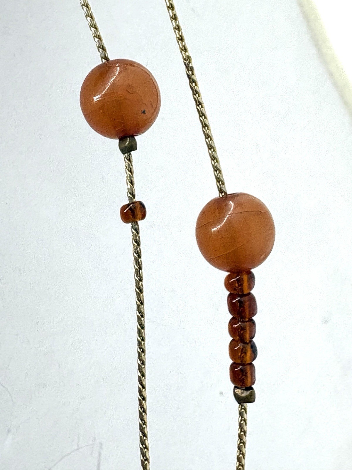 Amber & Honey Colored Glass Gold Tone Stationed Long Necklace By Designer VCLM