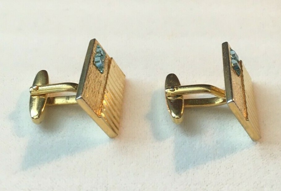 Art Deco Modern Gold Tone Blue Stones Cufflinks Unisex 15mm x 25mm