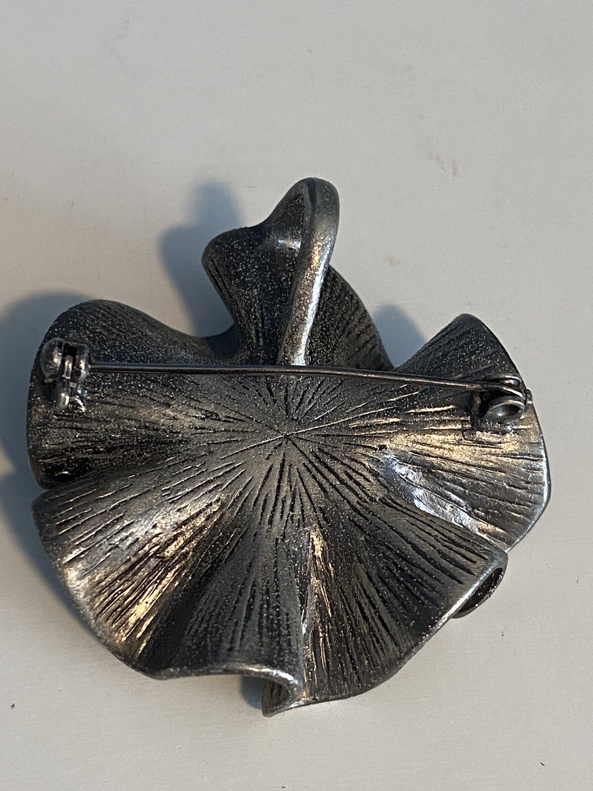 Flower Brooch Pewter Smoked Rhinestone Center 1.75” Wide Textured or Pendant