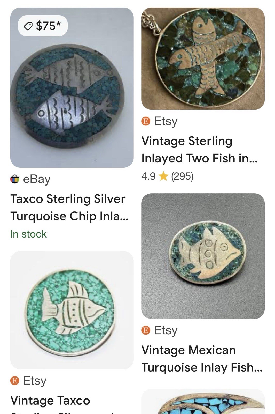 MEXICO 925 Silver Turquoise Chip Inlay Copper Fish Round Brooch Pendant 4.27g