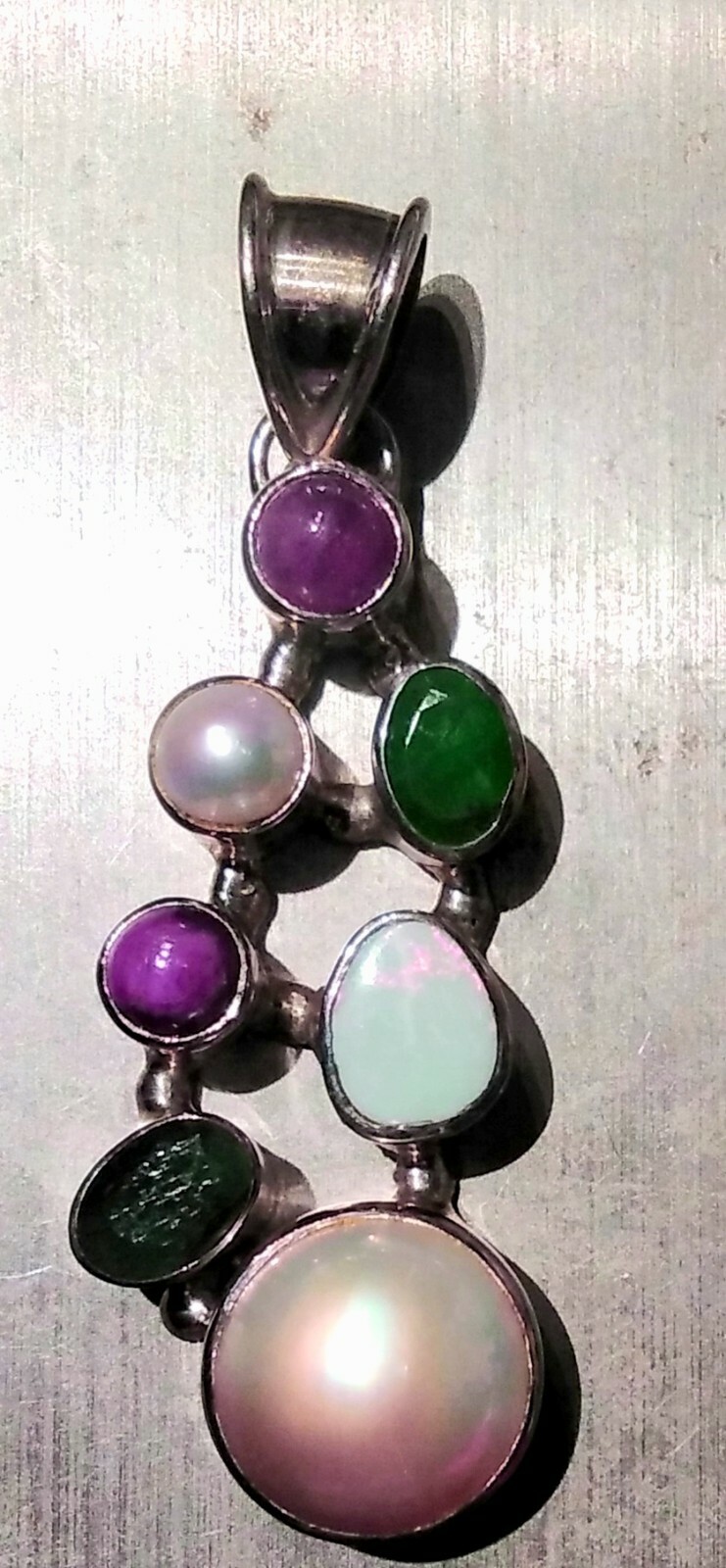 Unique Sterling Silver Opal Ruby Emerald Pearl One Of A Kind Pendant w Chain