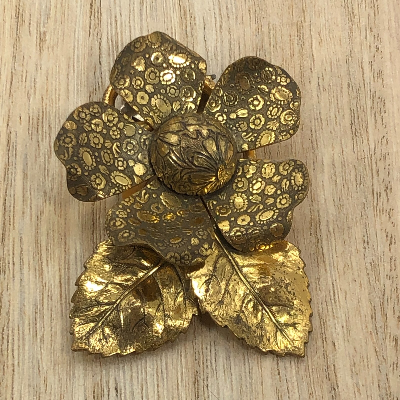 Vintage Flower & Leaves Dress Clip Brooch Gold Tone 1940s Estate Find