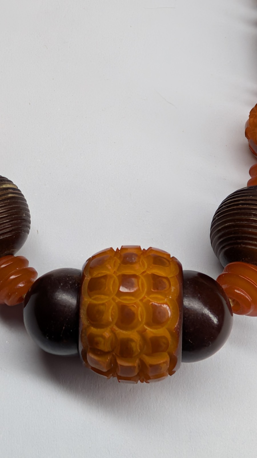 Antique Art Deco intricately carved celluloid bead necklace in Fall colors