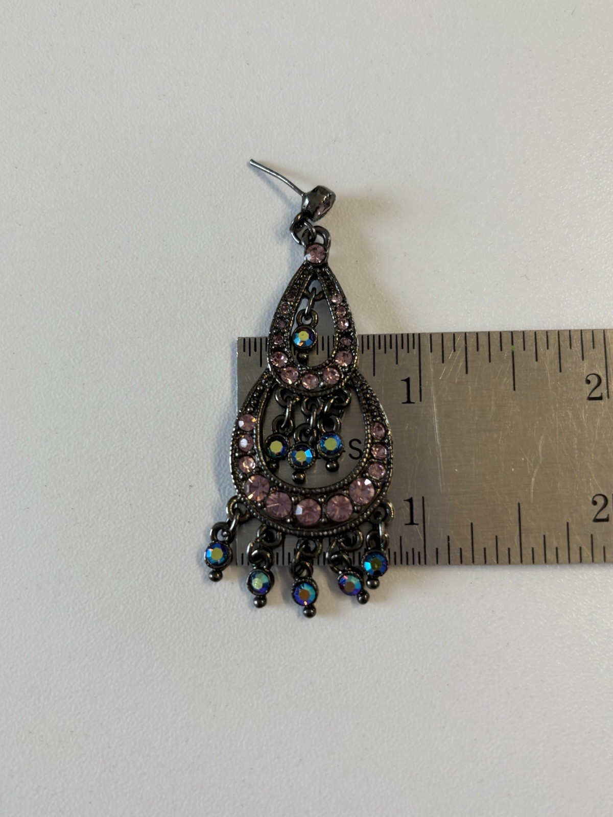 Vintage Gunmetal Pink Rhinestone Chandelier Earrings Aurora Borealis Drop Post