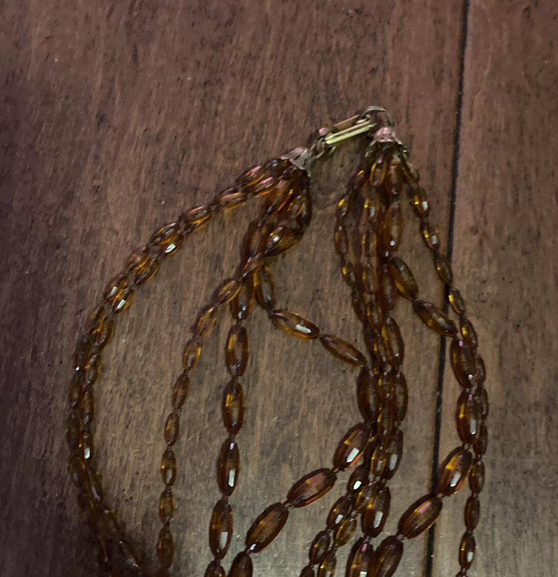 Vintage Necklace 52” 5 Strand Rootbeer Color Beads Different Shapes Wrap A Round