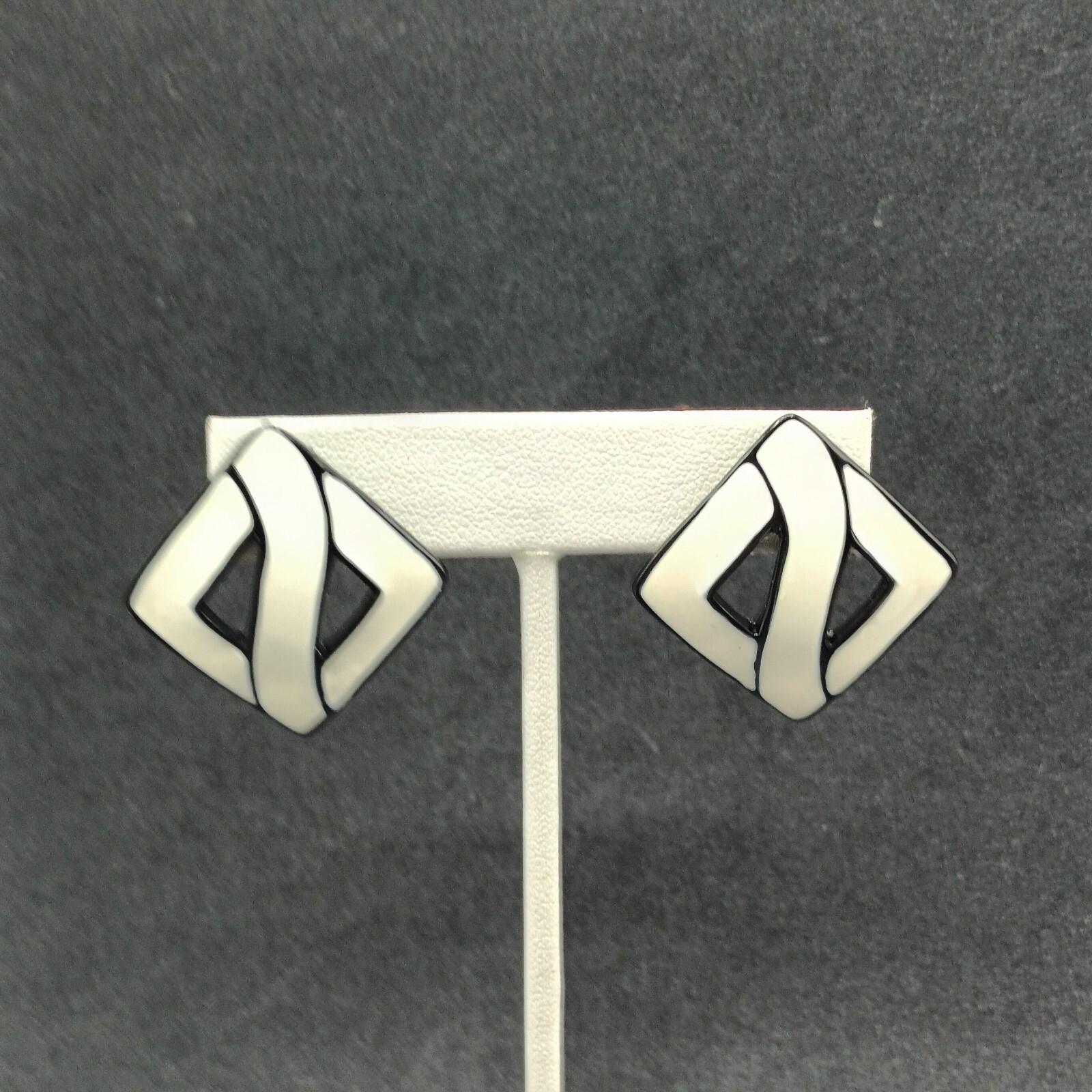Vintage Pierced Earrings White Black Enamel Open Square Drop 1 3/8″
