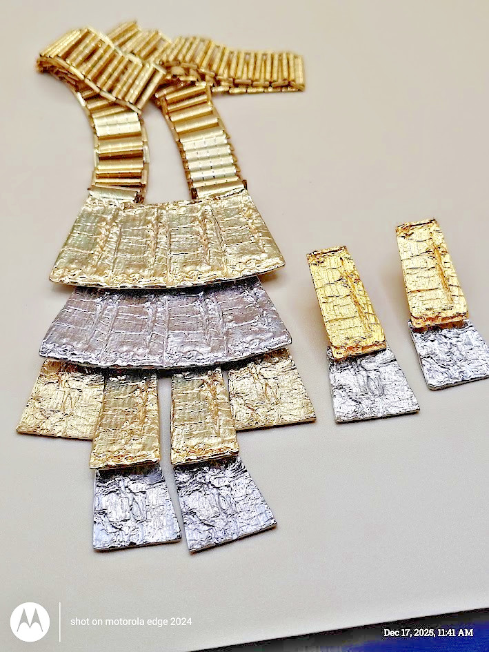 VINTAGE BRUTALIST MODERNIST MCM PANEL RUNWAY NECKLACE & Earrings /REAL BEAUTY