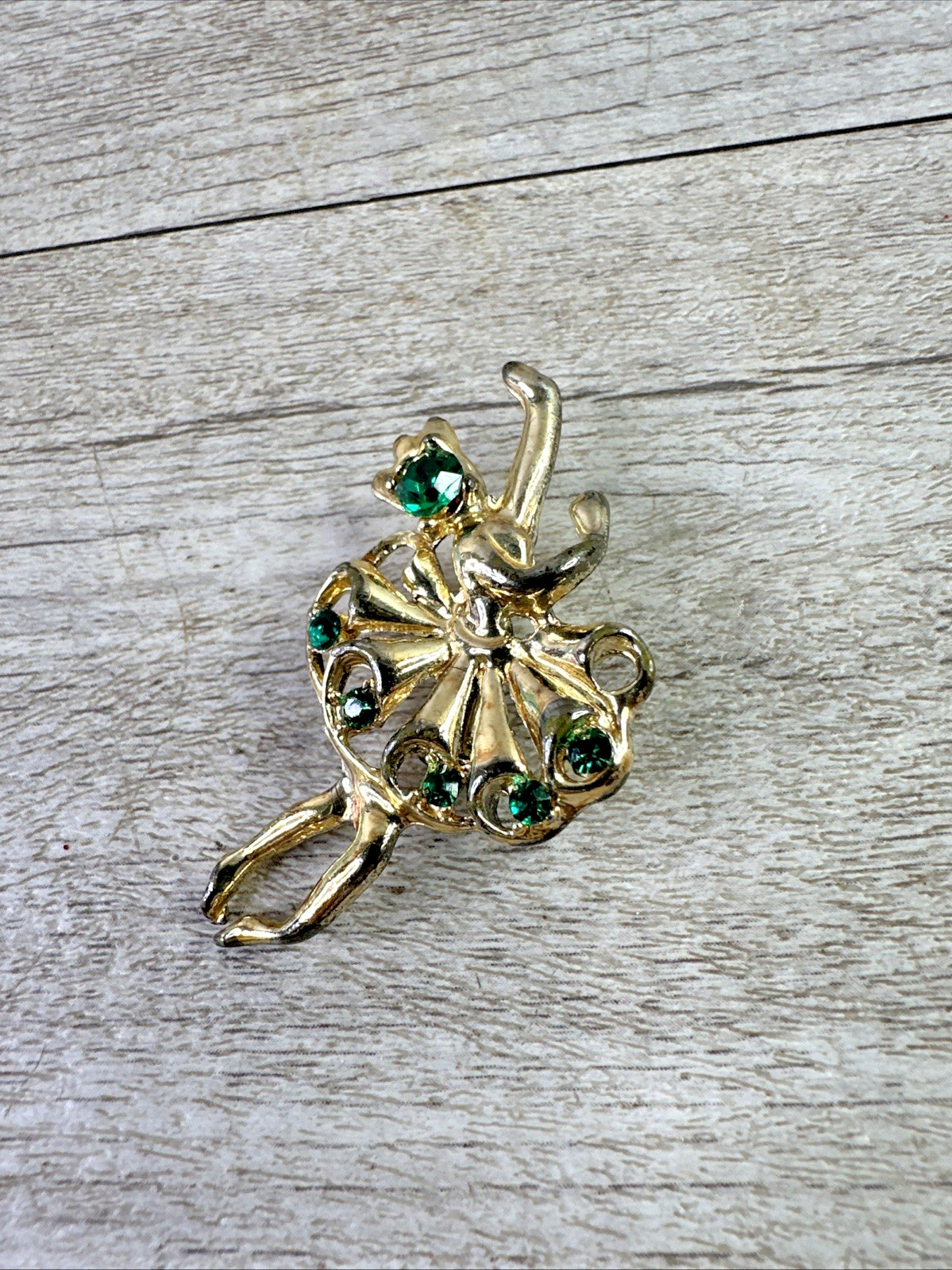 Unbranded Ballerina Brooch Gold Tone Dark Green Rhinestones