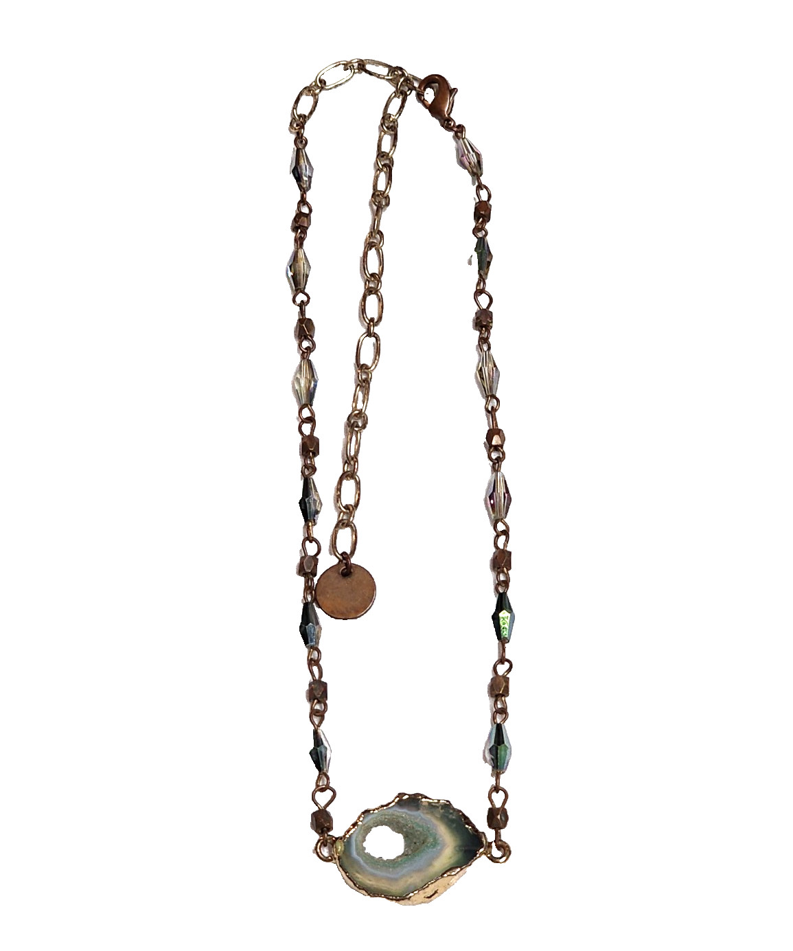 Vintage Sweet Lola Brass Blue Green Beaded Geode Pendant Necklace 17″ Choker