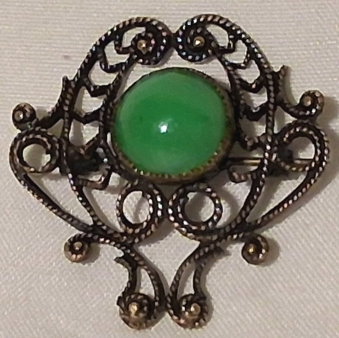 Antique Czech? Bronze Tone Filigree Green Glass Stone C Clasp Estate Sale Read