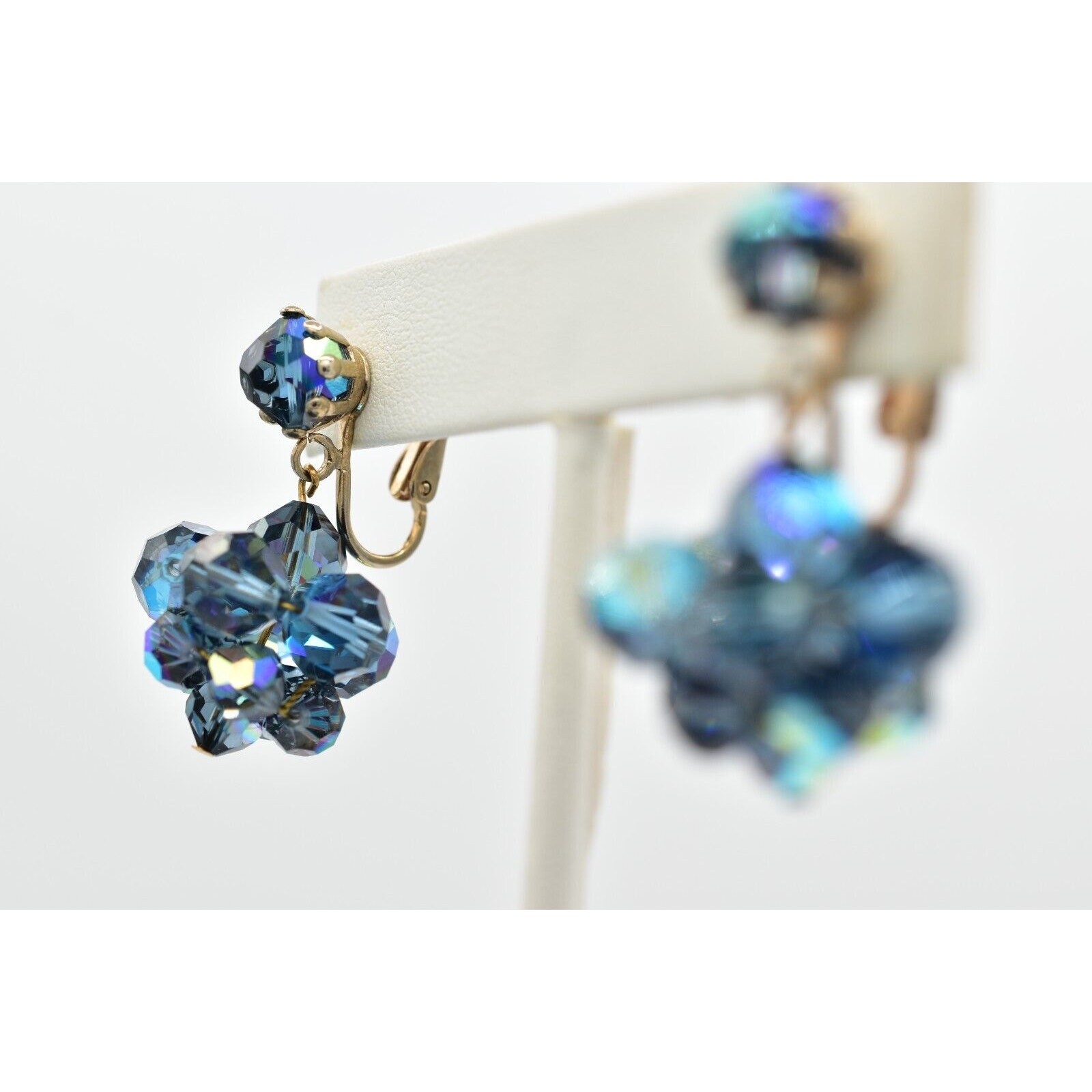 Laguna Vintage Clip On Crystal Earrings Dangle Navy Blue Drop Signed 1950s A24