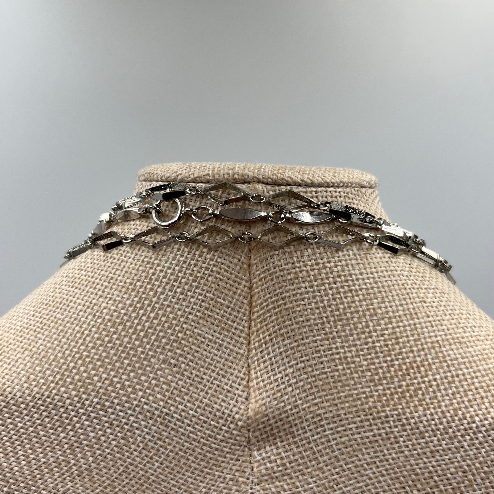 VTG Silver Tone Multi Layered Necklace Geometric Diamond Station Link Long Chain
