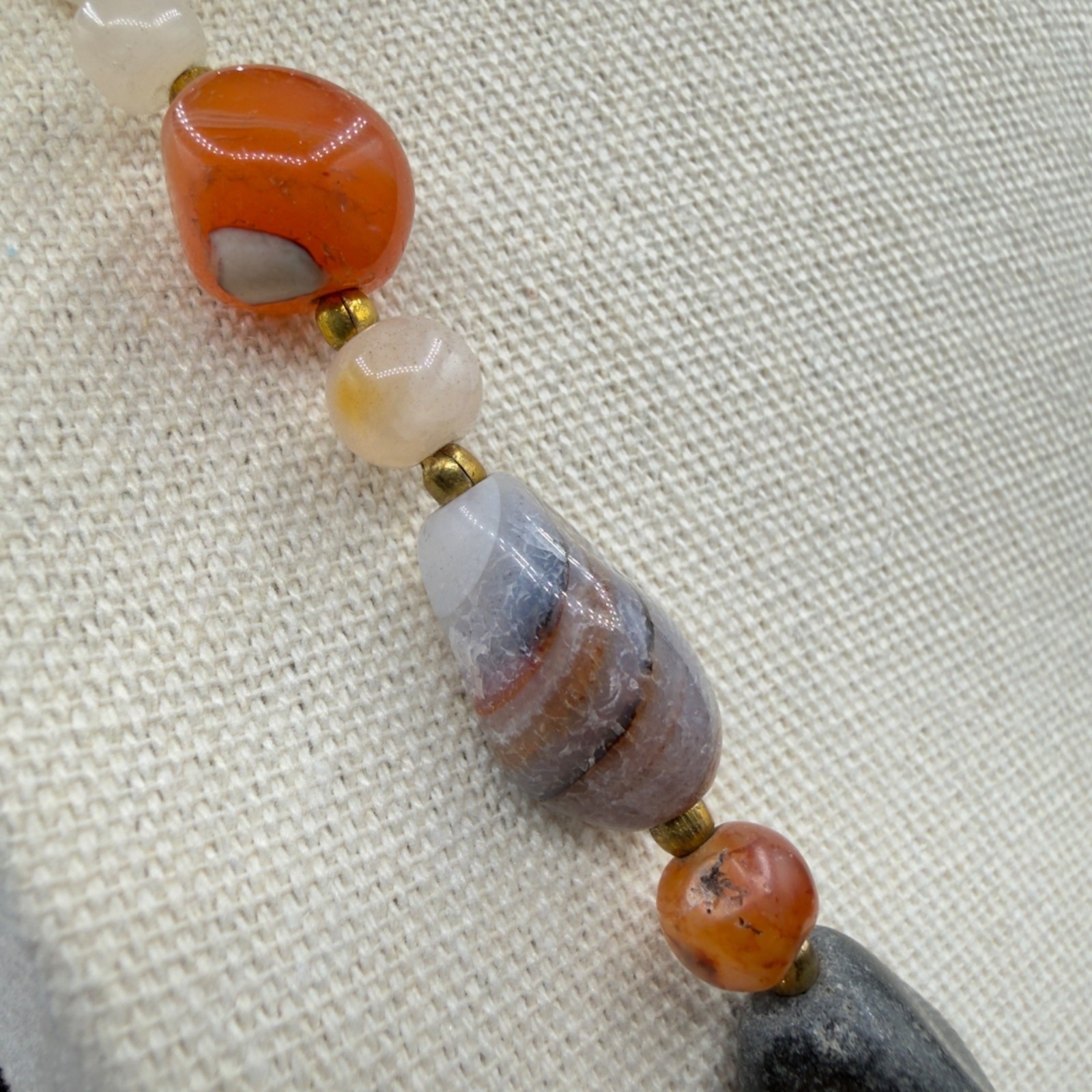 Vintage Beggars Bead Necklace Polished Stone Fall Colors Opera Length 32″